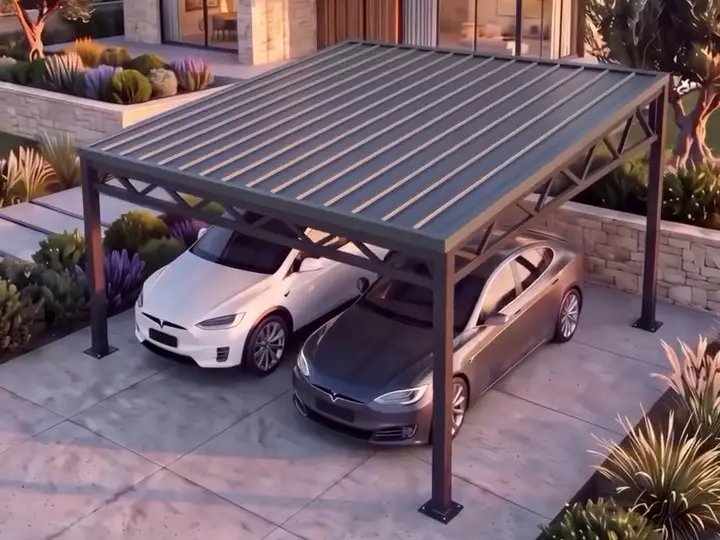 Çift araçlı carport sisteminin 3B görselleştirmesi: tek açıklıkta iki otomobili örten çelik taşıyıcı ve panel çatı