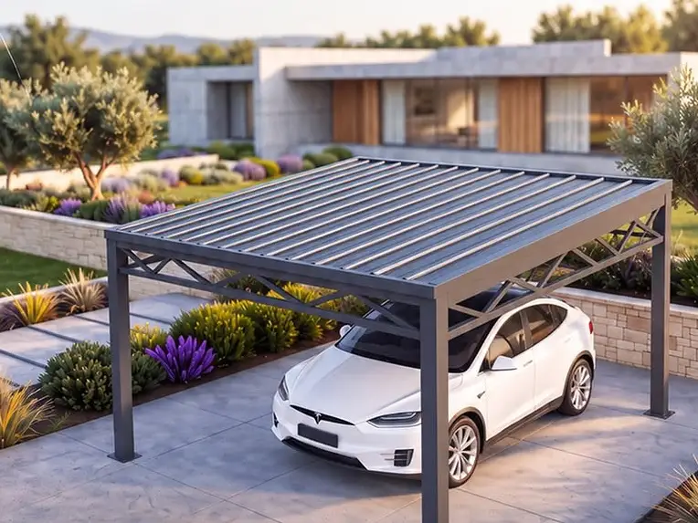 Tek araçlı carport sisteminin 3B görselleştirmesi: çelik kafes taşıyıcı üzerinde panel çatı, altında beyaz bir otomobil